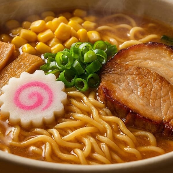 Close-up of a steaming bowl of ramen with pork, corn, bamboo shoots, scallions, and narutomaki.