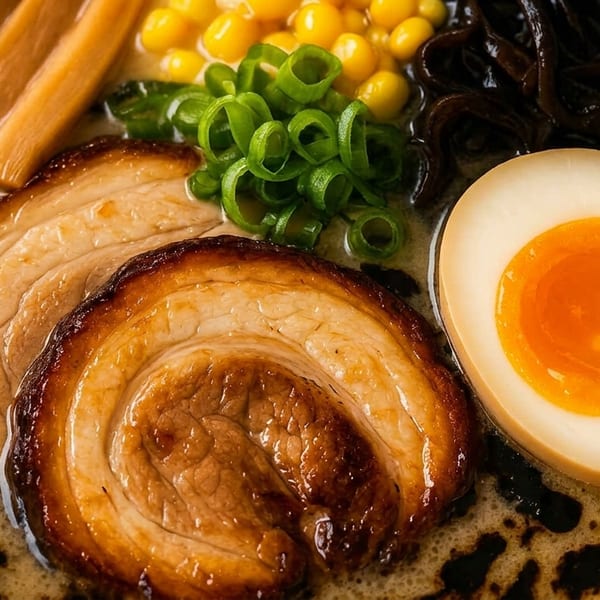 Close-up of a ramen bowl with pork belly, soft-boiled egg, corn, bamboo shoots, and scallions.
