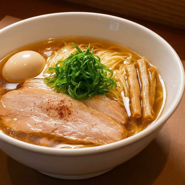 A bowl of ramen with pork, egg, green onions, and bamboo shoots, with chopsticks and spoon.