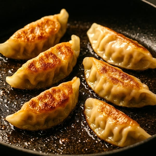 Six golden-brown dumplings sizzle in a black frying pan with oil.