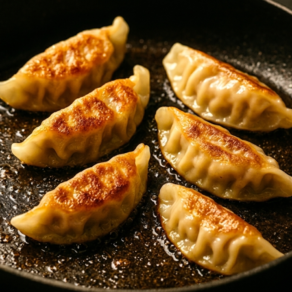 Six golden-brown dumplings sizzle in a black frying pan with oil.