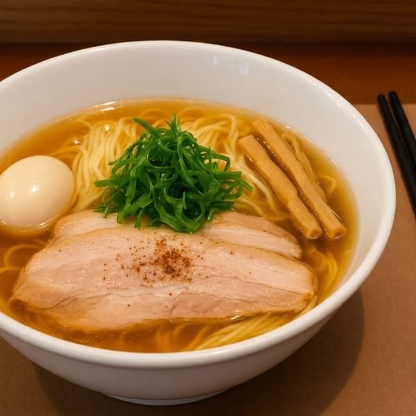 A bowl of ramen with pork, egg, green onions, and bamboo shoots, with chopsticks and spoon.